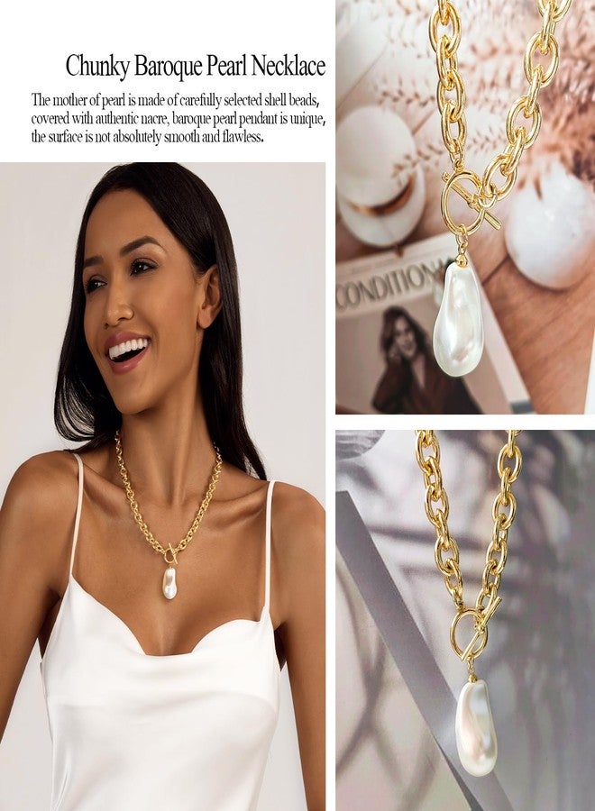 Zeffy Chunky Gold Pearl Necklace for Women Statement Large Baroque Pearl Pendant Necklace 14K Gold Chunky Thick Chain Link Vintage Toggle Clasp Jewelry Gifts - Image 5